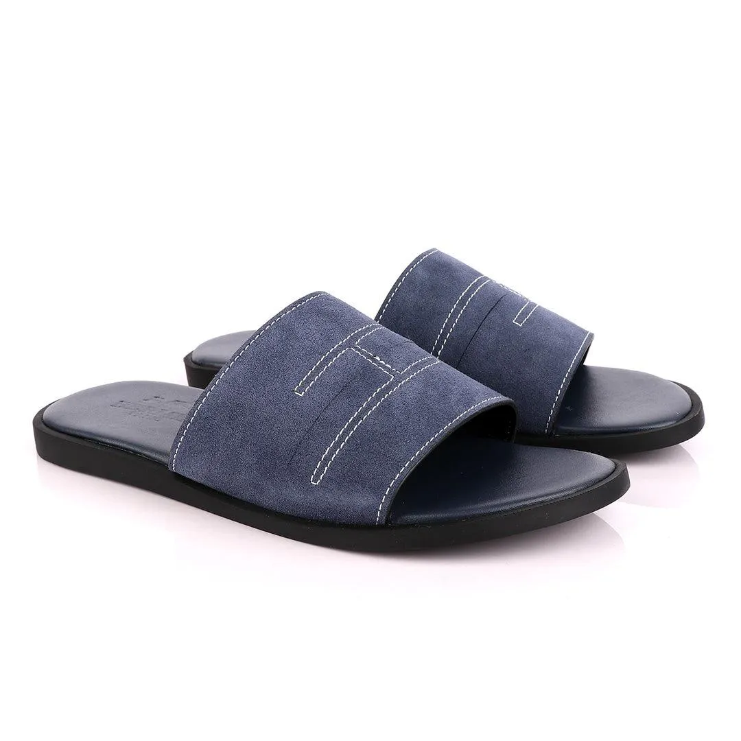 Hermes Paris Navy Blue Suede Top Slippers.