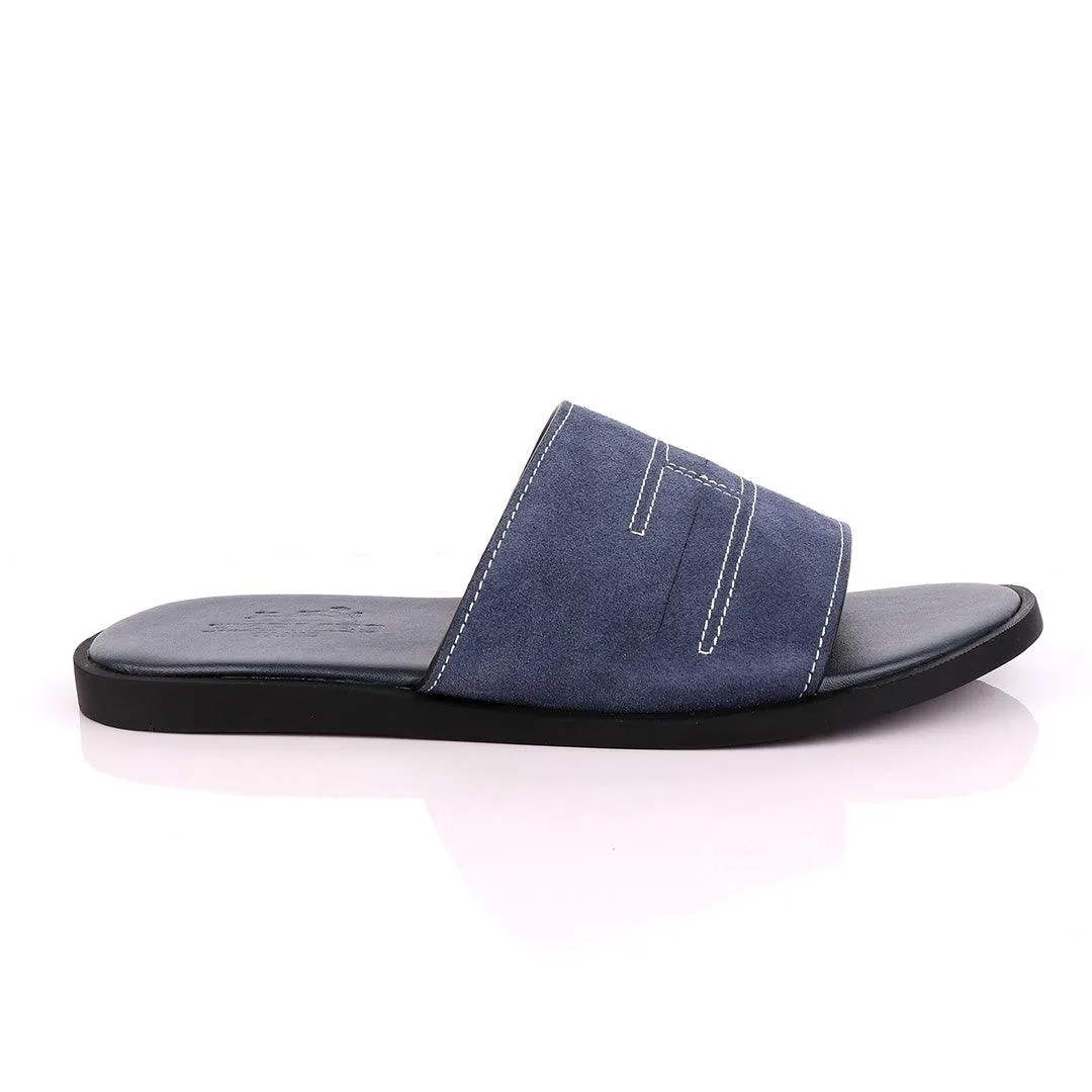Hermes Paris Navy Blue Suede Top Slippers.