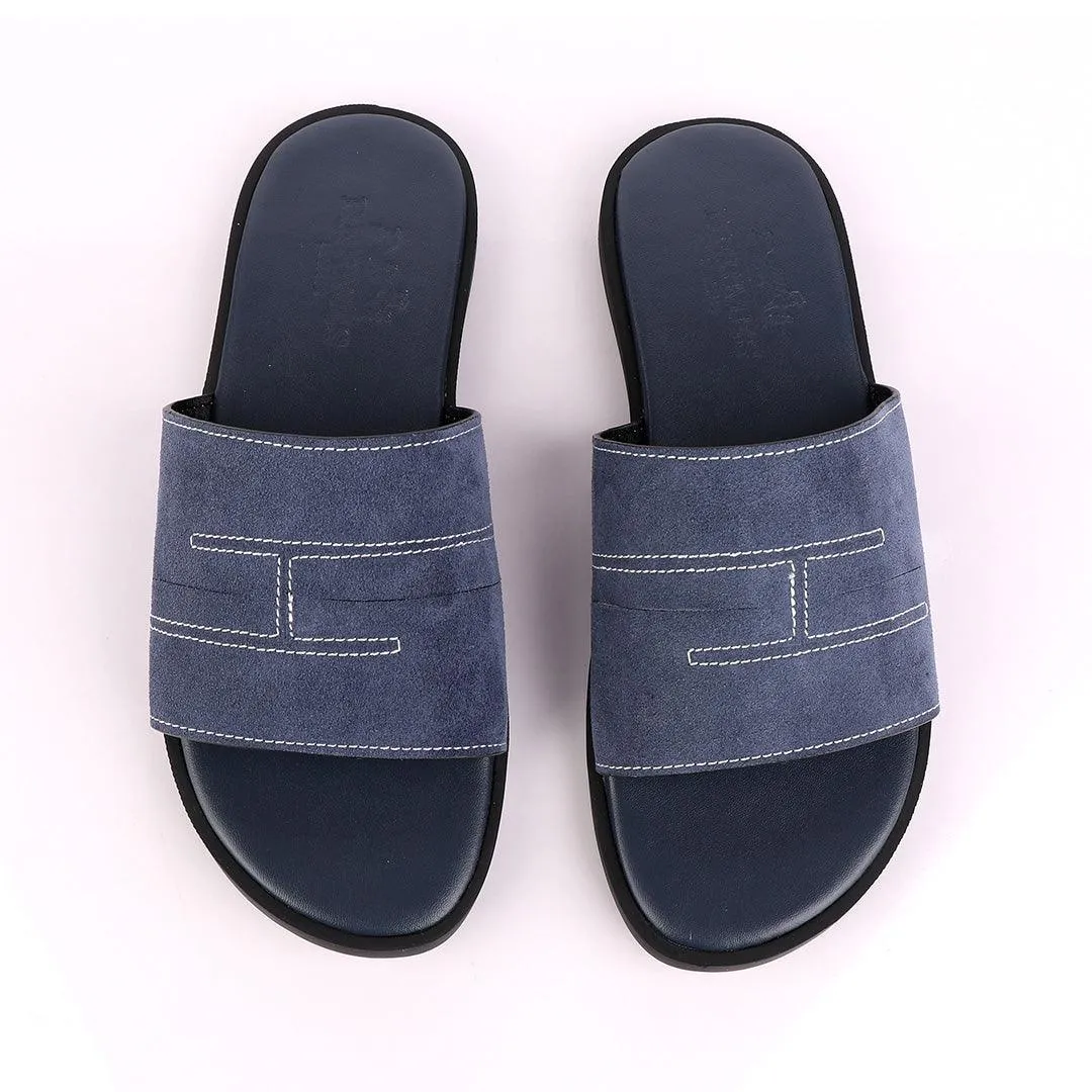 Hermes Paris Navy Blue Suede Top Slippers.