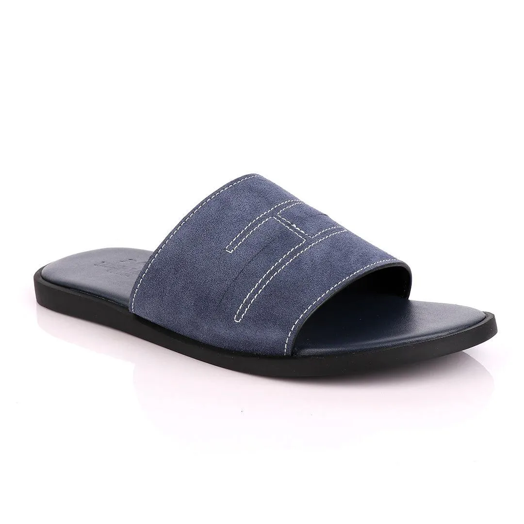 Hermes Paris Navy Blue Suede Top Slippers.