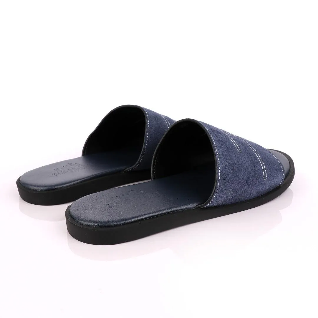 Hermes Paris Navy Blue Suede Top Slippers.