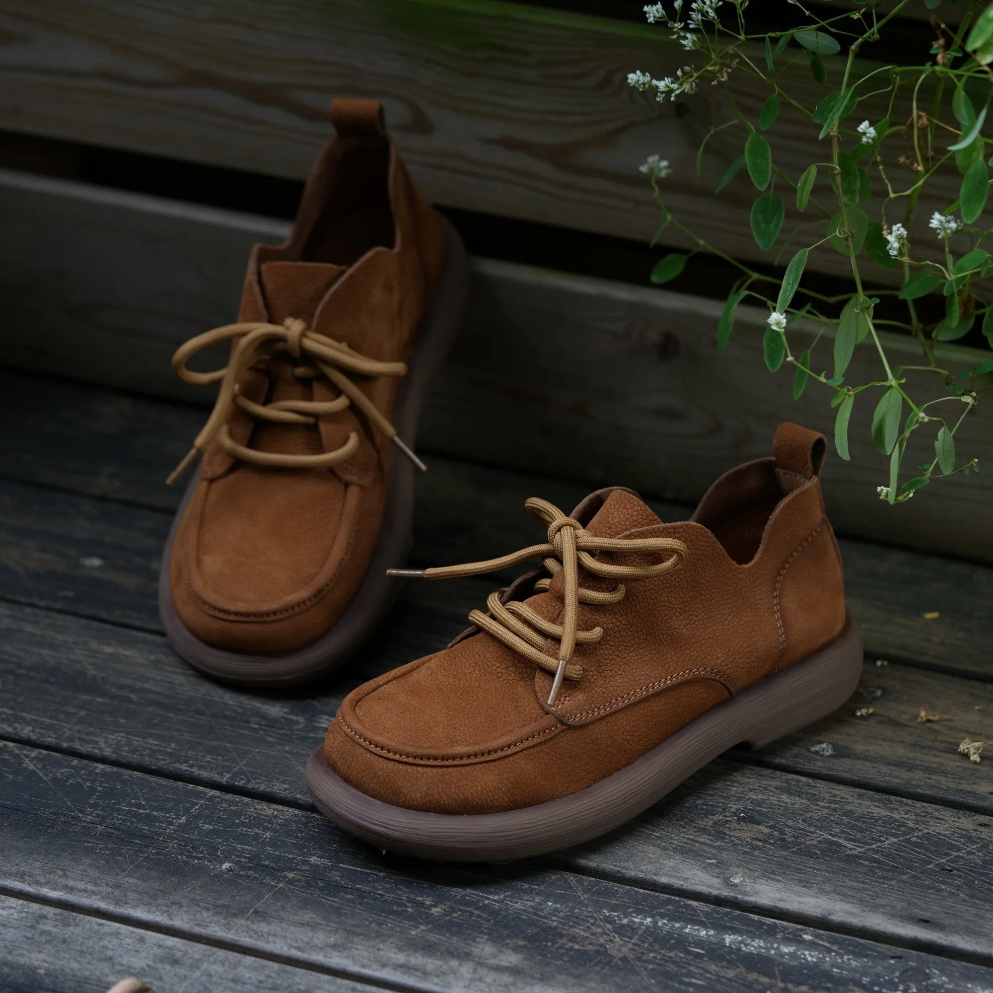 Lace Up Oxfords Soft Leather Derby Flats For Women in Coffee/Gray/Brown