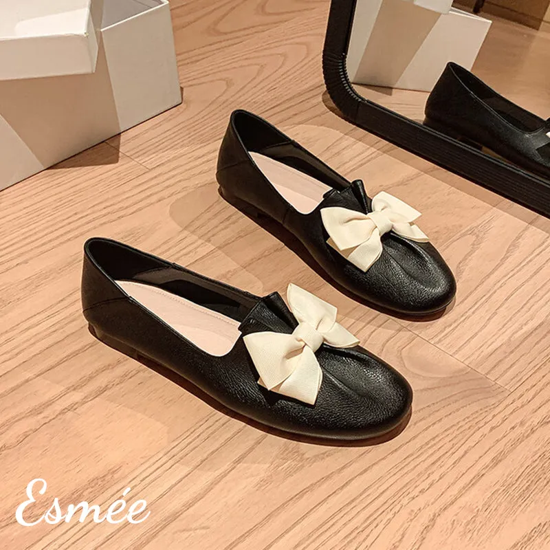Leather Round Toe Loafers with Ivory Bow Knot