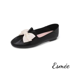 Leather Round Toe Loafers with Ivory Bow Knot
