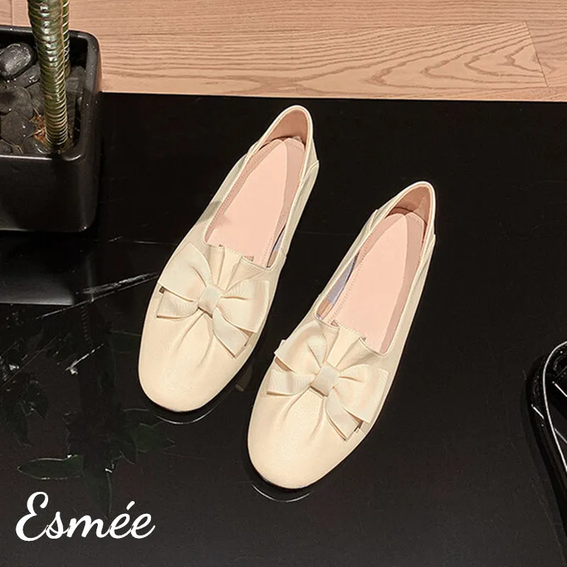 Leather Round Toe Loafers with Ivory Bow Knot