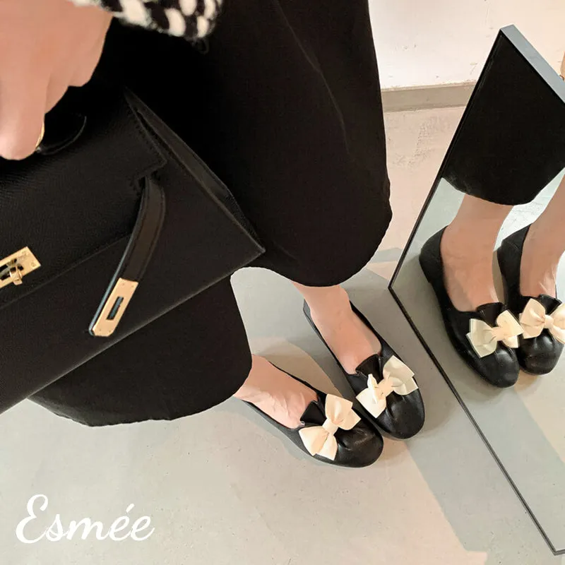 Leather Round Toe Loafers with Ivory Bow Knot