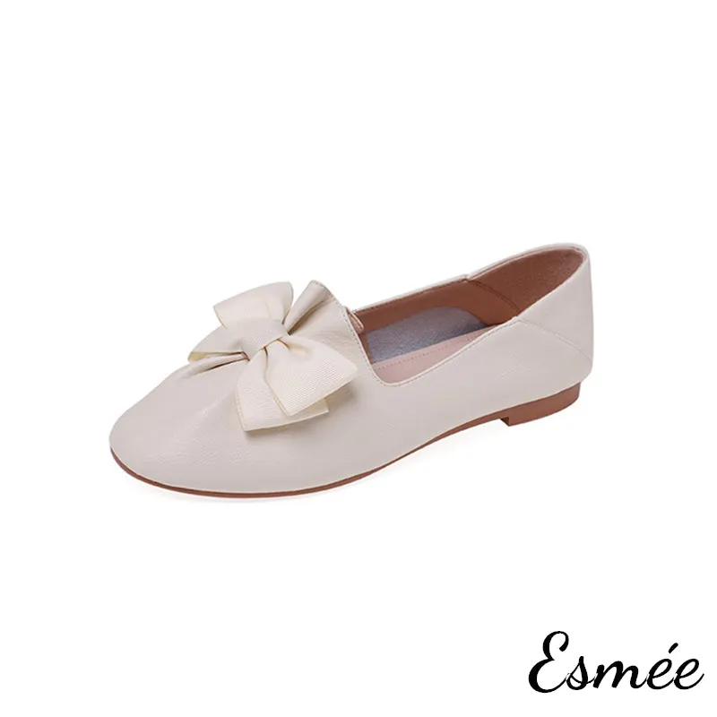Leather Round Toe Loafers with Ivory Bow Knot