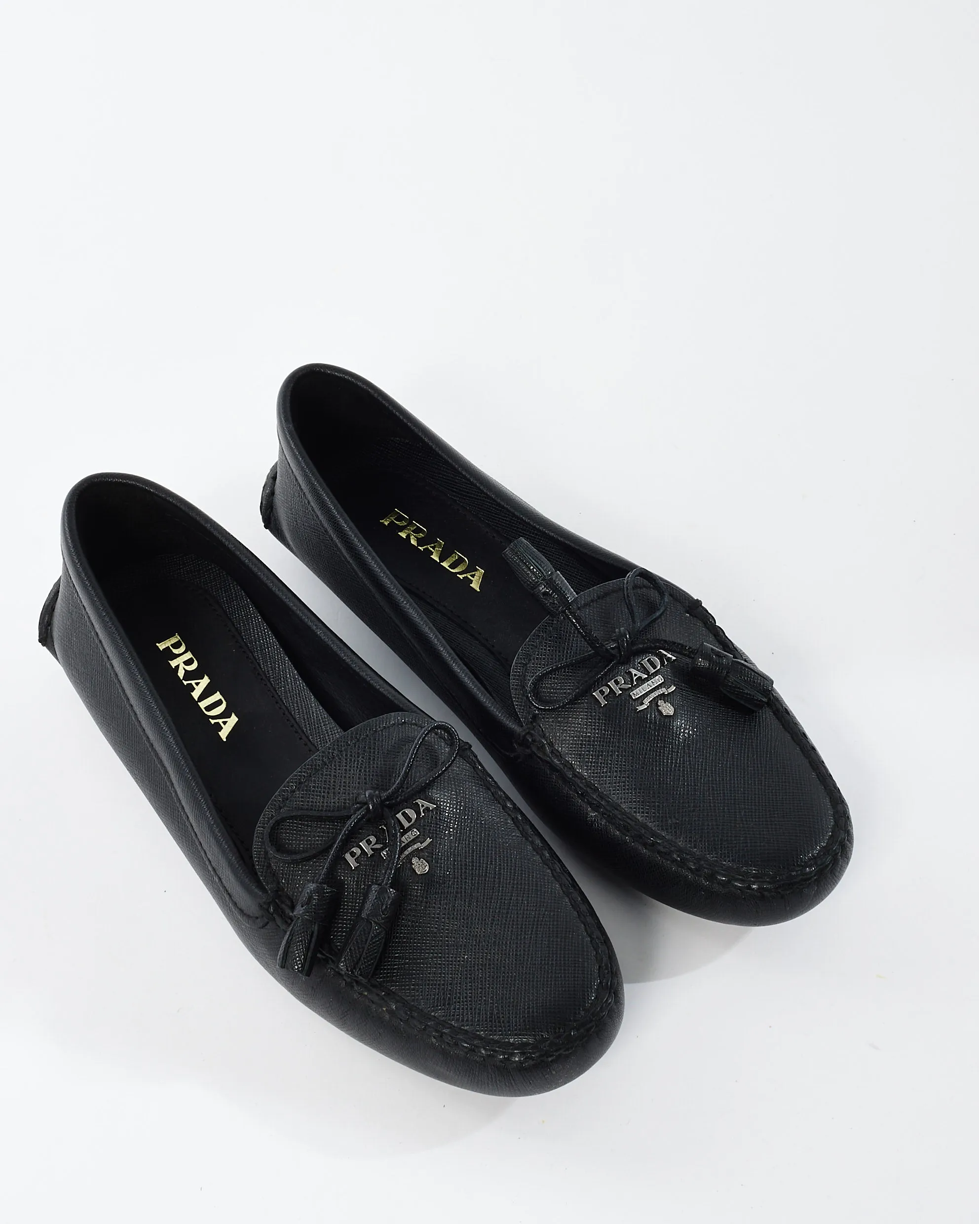 Prada Black Leather Logo Loafers - 35